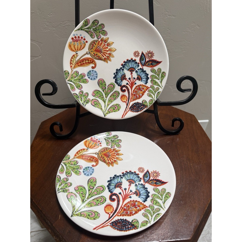 Dash of That Colorful Floral Earthenware 8.5" Salad Deser Plates Lot of Two Pair